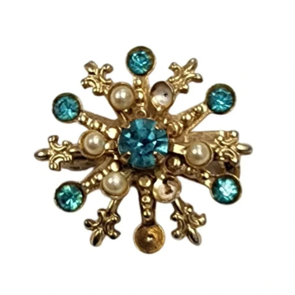 Vintage 60s-70s Aqua Rhinestone Faux Pearl Snowflake Brooch Pin Gold Tone - Picture 1 of 2